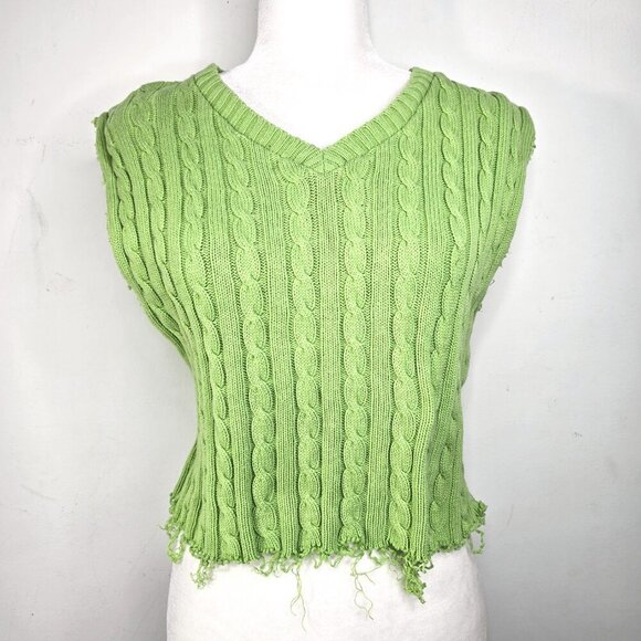 Vintage 525 America Green Chunky Knit VNeck Raw Hem Cropped Sleeveless Sweater - Picture 1 of 6